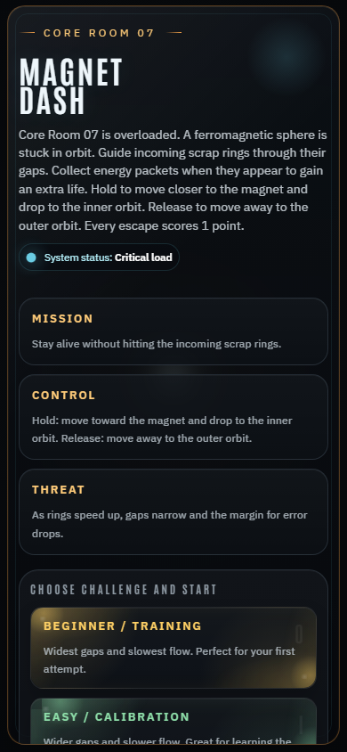 Portrait menu screenshot showing the Magnet Dash title and difficulty cards