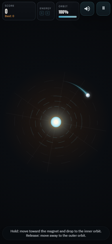 Magnet Dash gameplay showing the glowing core and the player sphere on orbit