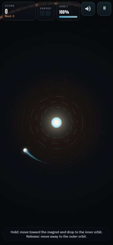 Portrait gameplay screenshot showing the first scrap rings descending toward the core